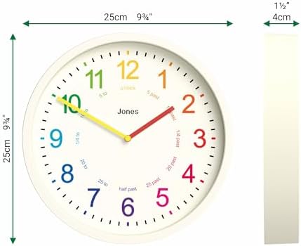 JONES CLOCKS® Kids Wall Clock | Small Modern Children’s Clock | 10 inch | Pale Cream | Colourful Numbers | Learn to Tell The time - Image 3
