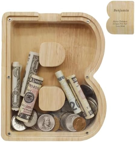 Wooden Letter Piggy Bank for Kids Boys Girls,Personalized Piggy Bank (Laser Engraving),A-Z Letters Coin Bank Money Box Customized Name, for Family Christmas Birthday Gift (B) by FINDAMAZE
