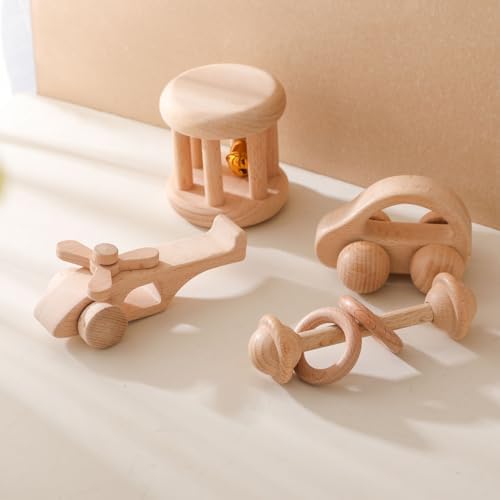 Wooden Baby Rattle Set - Montessori Grip Toy for Newborns, Natural Wood Gift Set of 3 by Chriswell