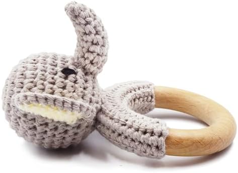 Joliecraft Safari Animals Wooden Baby Rattle Toys Stuffed Crochet Rattle with Teether Ring for Newborn, Gray Elephant - Image 2