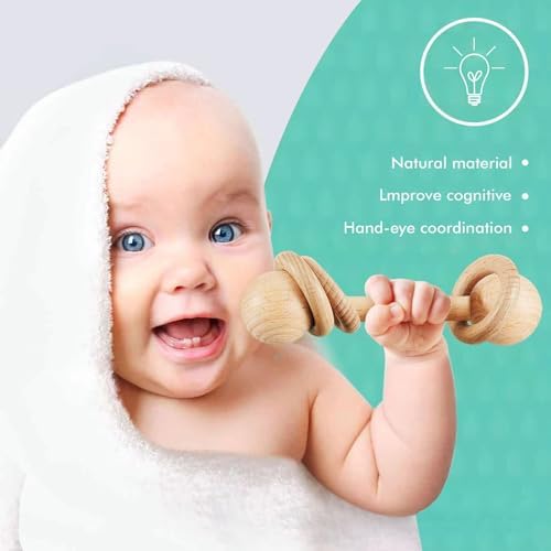 Chriswell Wooden Baby Rattle, Newborn Wooden Rattle Toy, Natural Wooden Montessori Baby Grip 3 Ring Toy, Baby Gift Toy, Wood Rattle-1 - Image 4