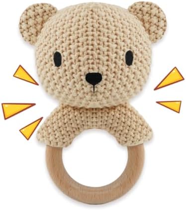 Baby Rattle Toy Teddy Bear Hand Crochet Knitted Plush Stuffed Animal Teether Natural Wood Ring Cute Bear 6 Month Baby Gift Gentle Sound Shaker Newborn Infant Crib Soothing Sleep Aid Gift by JUSTQUNSEEN