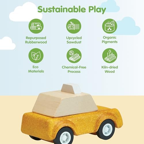 PlanToys® Yellow Taxicab Wooden Montessori Vehicle Kids Indoor Play Toy Set - Image 3