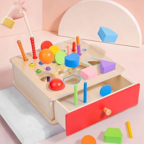 Wooden Shape Sorter Box, Montessori Activity Cube with Ball Drop, Worm Catching & Pegs - Image 3