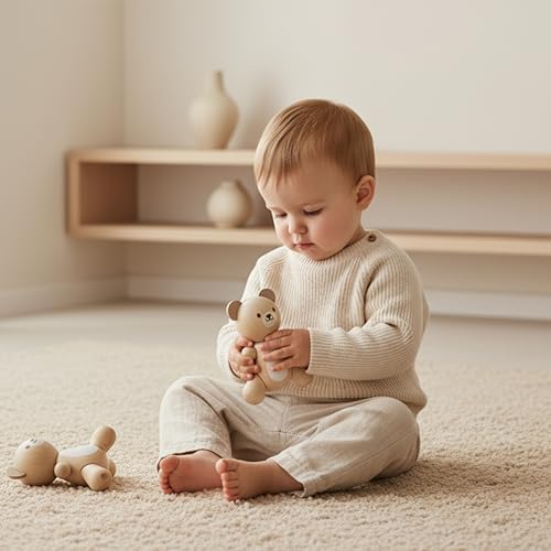 PlanToys® Bear & Little Bear Wooden Rattle & Teether Set | Montessori Sensory Toy for Grasping, Auditory Learning & Motor Skills | Eco-Friendly Infant Educational Toy - Image 6