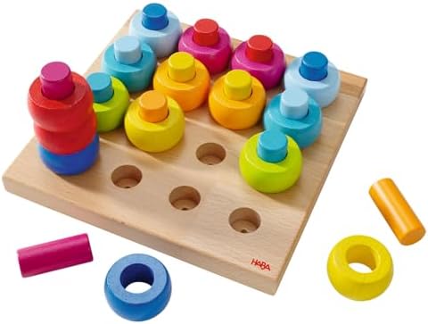 HABA Rainbow Whirls Wooden Sorting & Stacking Rings Shape Sorter, Educational Toys for 2 Year Old & Up, Color Sorting Fine Motor Toys, Made in Germany by HABA