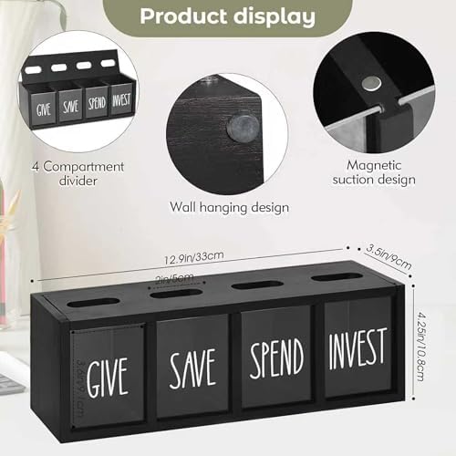 Save Spend Give Bank for Kids, Wooden Piggy Bank with 4 Compartments, Transparent Wall-Mount Savings Box with Magnetic Lid, Black - Image 5