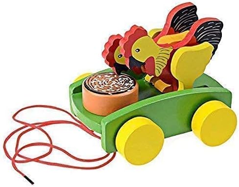 Wooden Pull Along Cock ( Hen ) Toy Car Walking Vehicles with Attached String for Toddlers Kids Multicolor by Unknown