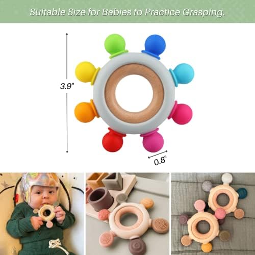 Baby Teething Toys, Silicone Chewable Teethers with Wooden Ring for Soothing Babies Gums, Rudder Chewers Shower Gift for lnfants & Toddlers, 3+ Months (8 Directions, Rainbow) - Image 7