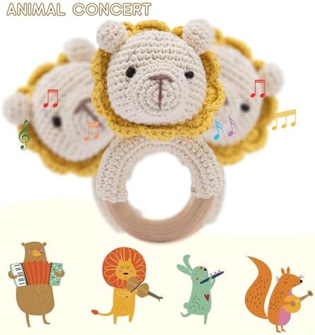Wooden Baby Rattle Crochet Lion Baby Toys Handmade Newborn Toy Early Development Grips Stuffed Animal Organic Rattle - Image 2