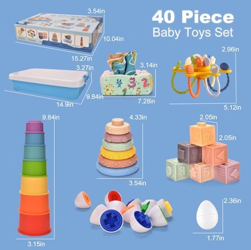 Baby Toys 6-12 Months,6-in-1 Montessori Toys for 6-9-12 Month old,Sensory Teething Toys Stacking Cups Building Blocks,Teething Pull String,Tissue Box Toys for Babies 6-12,18-24 Months Baby Gifts - Image 3
