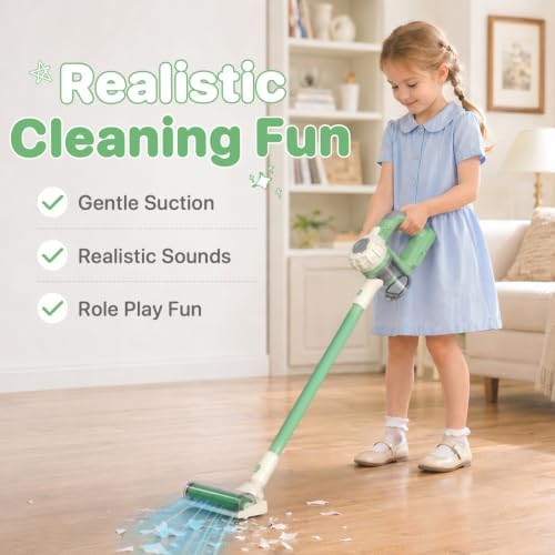 3-in-1 Kids Vacuum that Really Works - Toddler Vacuum Cleaner with Real Suction, Pretend Play Housekeeping & Cleaning Toy Set for Kids Ages 3+ (Green) - Image 2