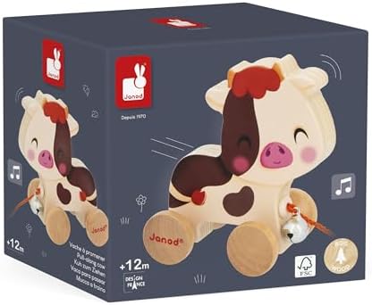 Janod - Wooden Pull-Along Baby Toy - Cow - Image 6
