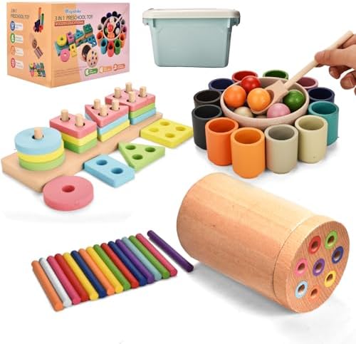 Montessori Toys 3 in 1 Wooden Learning Fine Motor Skills Toys Rainbow Color Sorting Toy for Toddlers - Preschool Color Matching, Educational Color Recognition ShapeSorter Boys Girls Gifts by Majabike