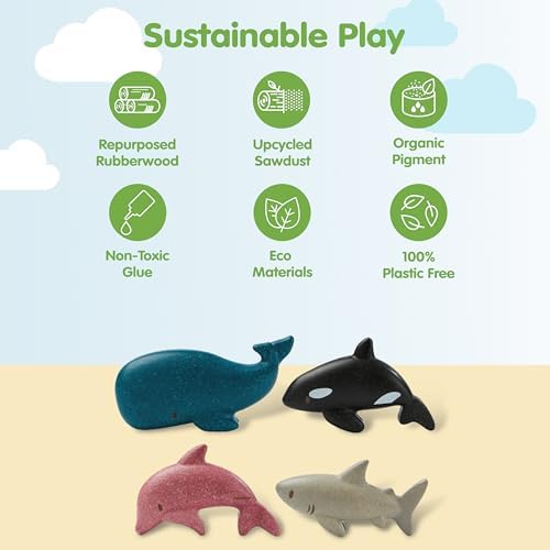 PlanToys® Wooden Sea Life 4-Piece Set, Dolphin, Orca, Whale & Shark Kids - Image 3
