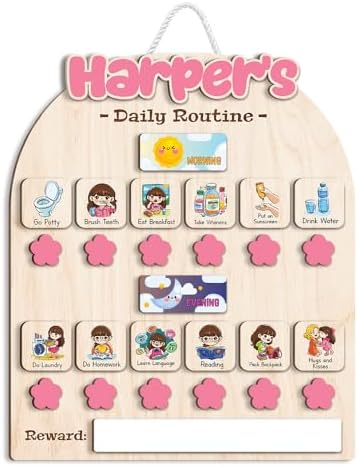 Personalized Wooden Chore Chart for Kids, Daily Routine Chart for Toddlers, Visual Schedule for Kids Age 3-5, Morning Bedtime Routine for Girls (02_1) by LilaLand