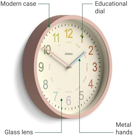 JONES CLOCKS® Kids wall Clock | Small Modern Children’s Nursery Clock | 10" | Pink | Colourful dial for Learning to Tell the time - Image 5