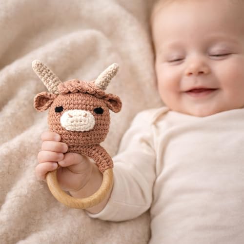 Wooden Baby Rattle for Boys and Girls, Crochet Stuffed Animal for Newborn, 3 4 5 6 Month Toys, Highland Cow - Image 6