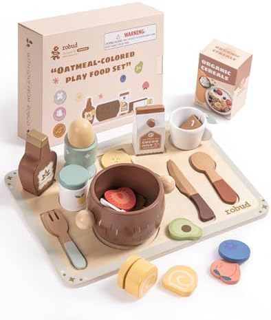 ROBUD 31-Piece Wooden Play Food Set for Kids - Coconut Oats Montessori Kitchen Toys, Educational Pretend Play Dishes with Accessories for Toddlers by ROBUD