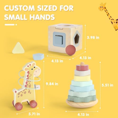 FReniland Montessori Toys for 1 Year Old，3-in-1 Wooden Baby Toys，Wooden Stacking Toy，Toddler Shape Sorting Cube, Giraffe Ring Toy,Newborn Baby Gift Sets for Boys and Girls - Image 5