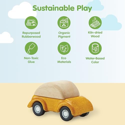 PlanToys® Yellow Car Wooden Montessori Vehicle Kids Indoor Outdoor Play Toy - Image 3