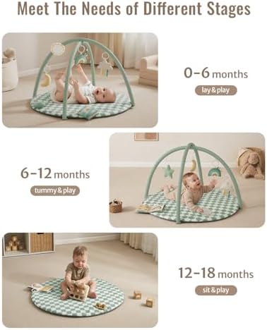 Blissful Diary Baby Play Gym Mat, Play Mat Activity Mat with 6 Detachable Toys for Stage-Based Sensory & Motor Skill Development, Easy to Install & Clean, Baby Essentials Gift, Sage Checkerboard - Image 5