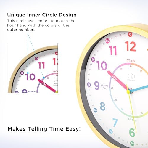 LittleHippo Learning Clock for Kids for Teaching to Tell Time - Kid's Analog, Silent, Non-Ticking Wall Clock for Bedrooms, Nursery, Playroom, School Classroom, Study to Learn to Tell Time - Image 3