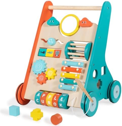 LOL-FUN Push Walker for Baby 12 Months Wooden Toy with Wheels-Orange/Blue by LOL-FUN