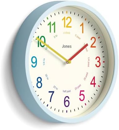 JONES CLOCKS® Kids wall Clock | Small Modern Children’s Nursery Clock | 10" | Pale Blue | Colourful dial for Learning to Tell the time by JONESCLOCKS