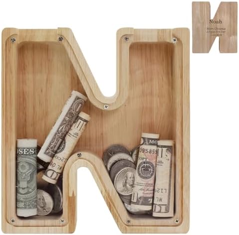 Wooden Letter Piggy Bank for Kids Boys Girls,Personalized Piggy Bank (Laser Engraving),A-Z Letters Coin Bank Money Box Customized Name, for Family Christmas Birthday Gift (N) by FINDAMAZE