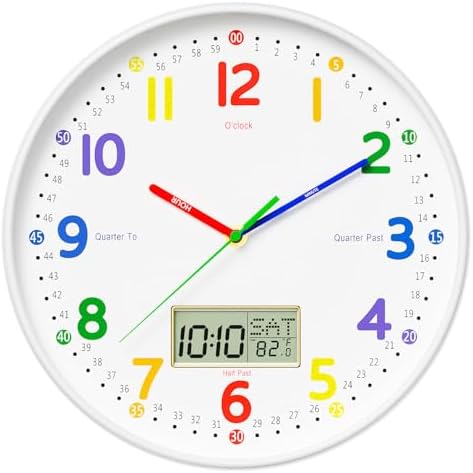 12" Silent Teaching Wall Clock with LCD Date Weekday Temperature Display – Tempered Glass, Non-Ticking Battery Operated Learning Clock for Kids Room, Classroom, Home Decor by lanktoo