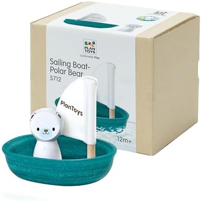 PlanToys® Polar Bear Sailing Boat Bath Toy for Toddlers, Montessori Wooden by PlanToys