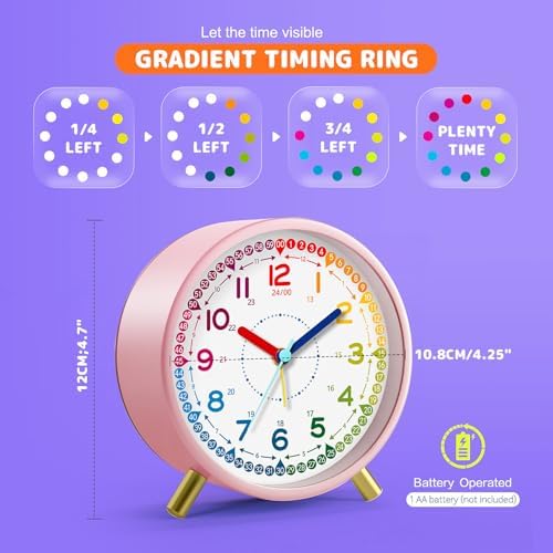 Kids Alarm Clock, Silent Non-Ticking, Analog Learning Clock for School Beginners, Stylish Round Metal Clock, Easy to Read, Battery Operated, Loud Ringing Back to School Gifts - Image 4