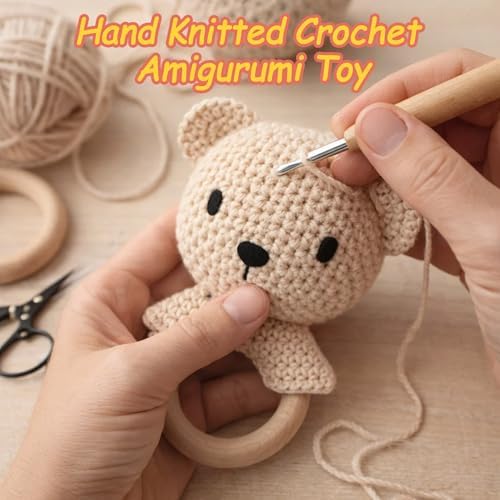 Baby Rattle Toy Teddy Bear Hand Crochet Knitted Plush Stuffed Animal Teether Natural Wood Ring Cute Bear 6 Month Baby Gift Gentle Sound Shaker Newborn Infant Crib Soothing Sleep Aid Gift - Image 3