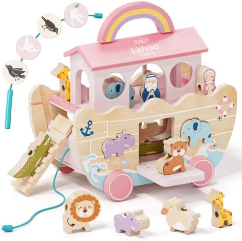 Lehoo Castle Pink Wooden Noah's Ark Toy for 1 Year Old Girl, Baptism Gift by LehooCastle