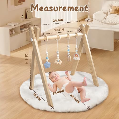 Wooden Baby Play Gym with Activity Mat, Foldable Baby Gym Frame with Hanging Sensory Toys for Newborn, Tummy Time Playground - Image 5