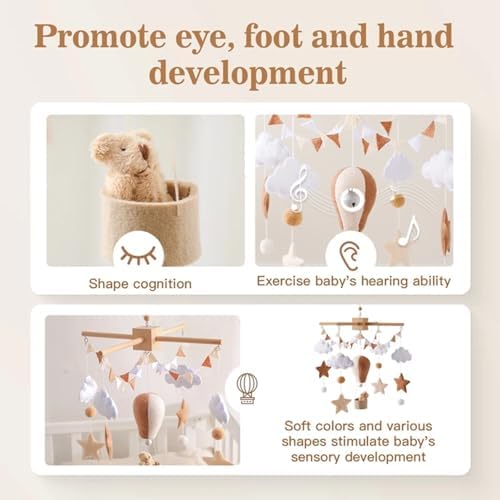 Wooden Bed Bell Crib Mobile with Music Box – Soft Felt Cartoon Bear Hanging Rattle Toy for Nursery Decor, Handcrafted Montessori-Inspired Crib Mobile (Brown) - Image 3
