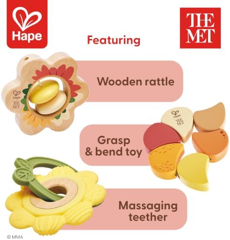 Hape x The Met Artful Flowers Rattle Trio Set – 3-Piece Baby Sensory Toy Set with Teether, Wood & Elastic Flower Rattles, Ages 6–18M - Image 5