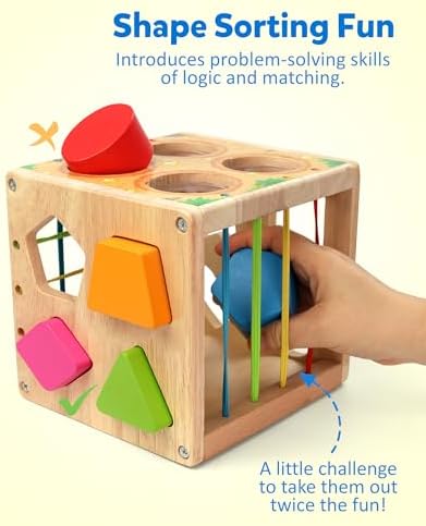 Coogam Wooden Montessori Toys for Toddlers, Shape Sorting Cube Fine Motor Skills Game for Year Old 18 Month+ Baby Boys Girls Gift - Image 2