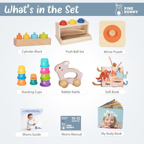 Pine Bunny Montessori Wooden 11-in-1 Toy Set for 10+ Months, Cylinder Block, Push Ball Box, Mirror Puzzle, Stacking Cups Rabbit Rattle Soft Book Educational Learning Color Recognition Fine Motor Toys - Image 2