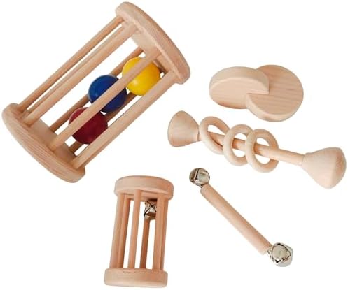 Montessori Wooden Baby Toy Set – Natural Beech Wood Sensory Toys for Infants (0–12 Months) | Rolling Drum, Wooden Rattles, Bell Shaker, Teether Rings | Non-Toxic, Handmade Development Toys by Handmade