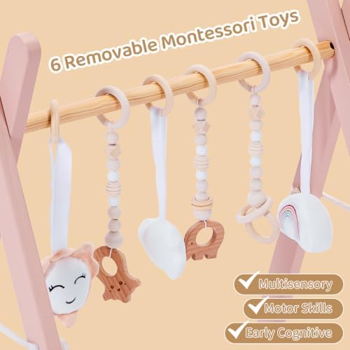 Foldable Wooden Baby Play Gym with 6 Sensory Toys – Montessori Activity Center for Newborns, No-Tool Assembly, Natural Wood Indoor Gym for Infant Motor Development & Tummy Time (Pink) - Image 4