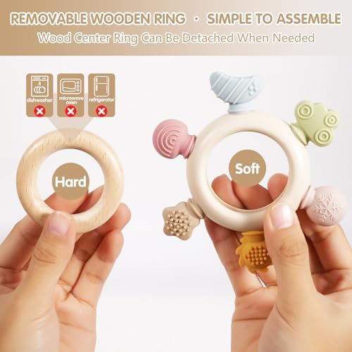 Baby Teether Ring for 0–12 Months, Detachable Wooden Silicone Teether with Easy-Grip Round Design, Sensory Teething Toy with Soft Textured Tips for Early Development - Image 6