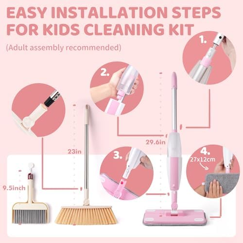 Kids Spray Mop,Toddler Mop Cleaning Set, Real Working Mini Mop & Kids Broom Dustpan Set, Housekeeping Pretend Play Toy, Montessori Kid Cleaning Toy Set Includes Organizer Clip -Pink - Image 3