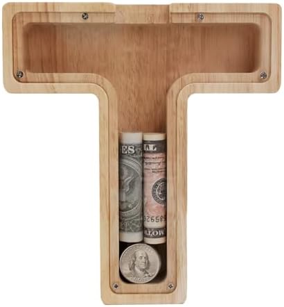 Wooden Letter Piggy Bank for Kids Boys Girls, A-Z Letters Wood Coin Bank Money Box, Piggy Bank for Toddler Family Christmas Birthday Gift(T) by FINDAMAZE