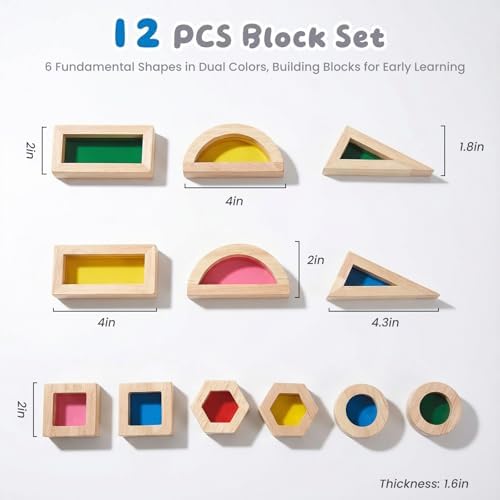WOODENFUN Wooden Building Blocks Set for Kids, 12 Pcs Rainbow Stacker Game - Image 3