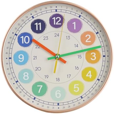 Kids Wall Clock Telling Time Silent Non-Ticking Learning Clock Colorful Teaching Wall Clocks Round Plastic Analog Educational Decor Clock for Classroom, Playroom (EDU3-Rose Gold, 10 inch) by BAKBRAND