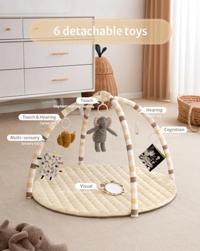 Blissful Diary Baby Play Gym Mat, Tummy Time Activity Mat with 6 Detachable Toys for Stage-Based Sensory & Motor Skill Development, Easy to Install & Clean, Baby Essentials Gift, Sandy Beige - Image 3