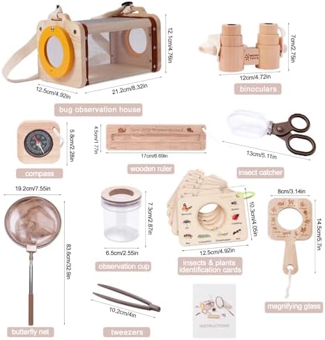 Bug Catcher Kit for Kids,11 PCS Wooden Bug Catching Kit with Butterfly Net,Magnifying Glass,Bug Habitat,Binoculars,Compass,Kids Explorer Kit for Backyard & Camping,Fun Gift for Girls Boys (11PCS) - Image 2