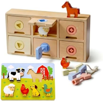 Montessori Toys for 2 3 4 5 Year Old | Lock and Key Toy for Toddlers | Fine Motor Skills Toy | Puzzle Board | Toddler Toys | Wooden Toy for 3+ Year Old | 12 Piece Set by TurtleBee